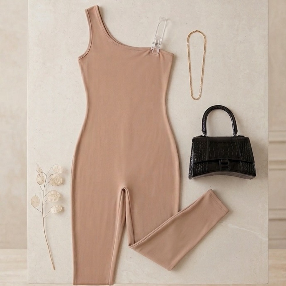 Fashion Nova Women’s Elegant Tan One Shoulder Jumpsuit